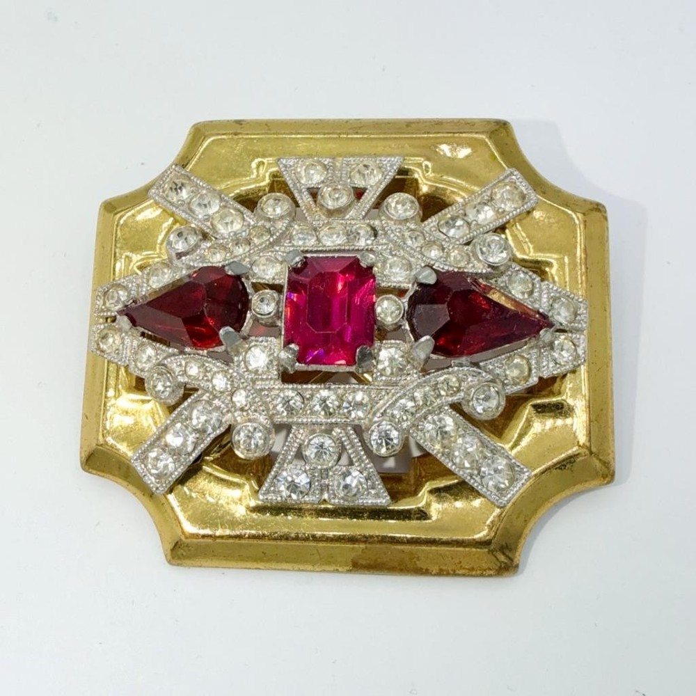 Signed 1940s McClelland Barclay Gold-Tone Ruby Red & Clear Rhinestone Pin