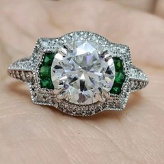 2.85Ct Vintage Lab Created Diamond & Emerald Engagement 14k White Gold FN Ring
