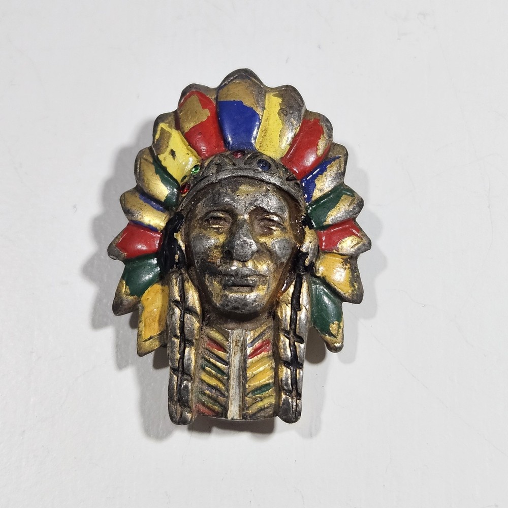 Vintage 1930s Art Deco Enamel Native American Indian Chief Fur Dress Clip Pat