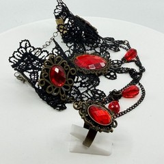 Gothic Red Crystal Lace Slave Bracelet Ring Set Victorian Dark Romantic Jewelry