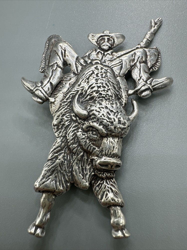 Vintage Hartmans Durango Cowboy 925 Sterling Silver Buffalo Bull Rider Brooch