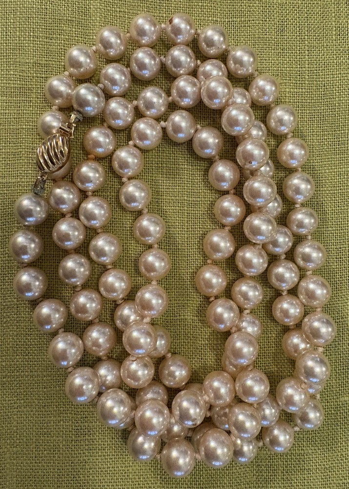 Vintage Marvella Single Strand Knotted Faux Pearl Necklace Champagne Slide Clasp