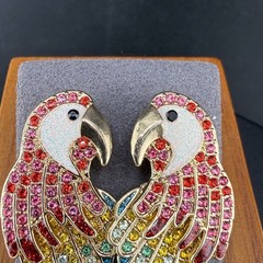 Sugarfix Rhinestone Parrot Pierced Earrings Gold Tone Bird Signed