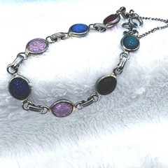 Vintage Egyptian Revival Scarab Bracelet Safety Chain Acrylic Silver Tone 7.25″