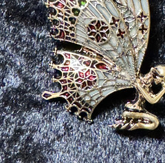 Praying Fairy Brooch Butterfly Wings Red Green White Enamel on Gold Tone Metal