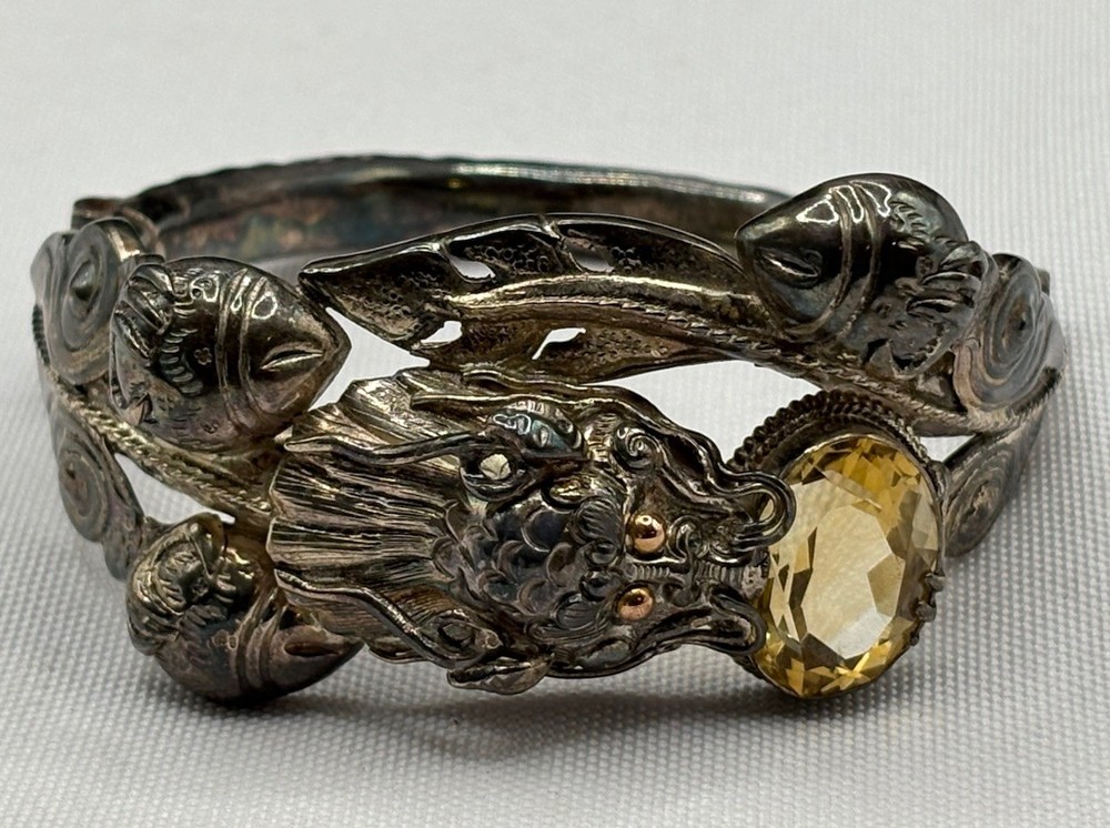 Vintage 925 Sterling Serpent Dragon Screw Hinged Bangle Bracelet 36 grams Nepal