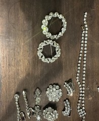 VTG Estate 13 Piece Silver Costume Rhinestone Jewelry Earrings Choker Brooch