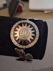 Mexican alpaca silvertone butterfly & Aztec sun medallion bracelet. 7″