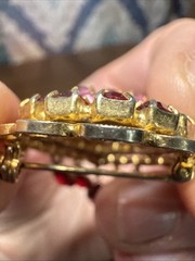 Vintage Gold Tone Red And Pink Dangling Lace Border Brooch