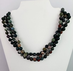 Vintage Frosted Indian Agate Necklace 56 in Matte Green Stone Beads Long Strand