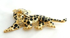 Animal Cub Brooch Cheetah Jaguar Leopard Black Enamel Rhinestone Figural Pin