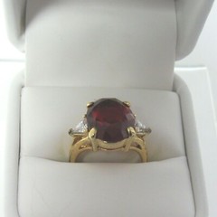 Vintage Cocktail Ring Red Center Stone & White Rhinestones Size 7.5 in Ring Box