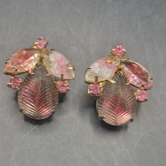 Vtg 5 Pairs Retro Clip-on Earrings Pink Blue Green Gold Tone Dangle Drop Stud