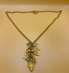 Georgiou Vintage Matte Gold Faux Pearl Acorn Cascading Leaf Necklace 30″