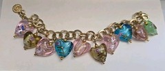 Graziano Art Glass Hearts Charm Bracelet Pink Green Blue 8-9″ Gold Plated