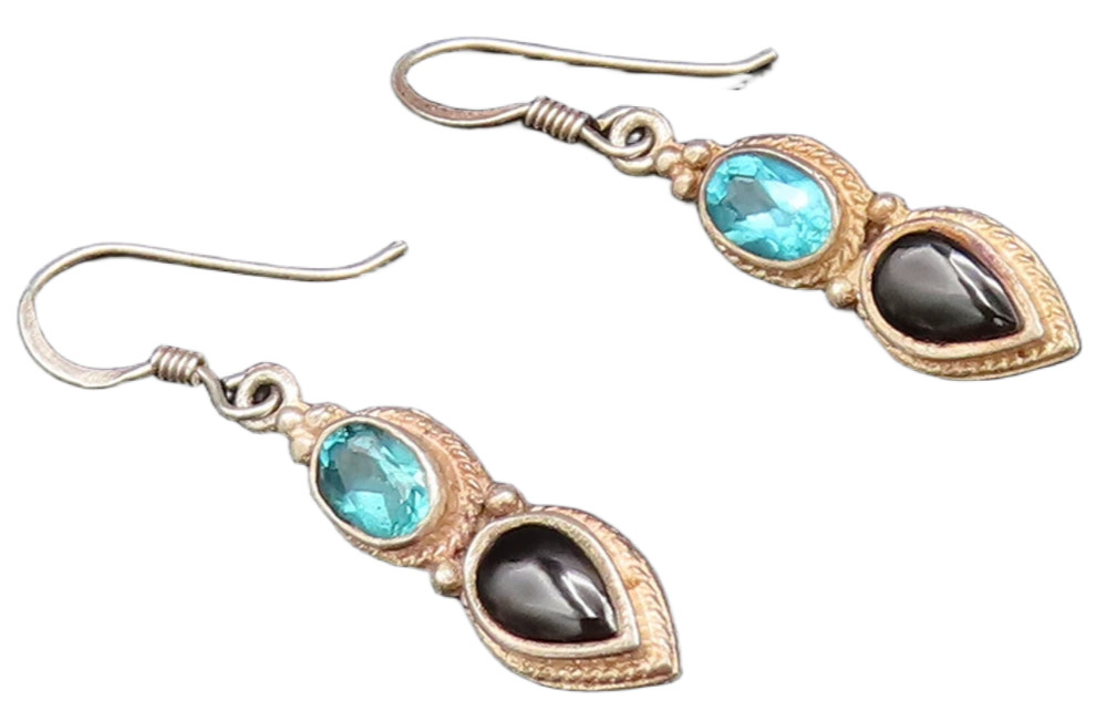 925 Silver Vintage Oval Blue Topaz & Pear Shaped Onyx Drop Earrings EG12224