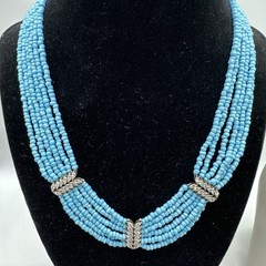 Ross-Simons Blue Bead w/Marquise 6-Strand 925 Silver Necklace 17 & Bracelet 7.25