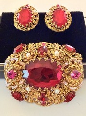 West Germany Gold Filigree Enamel Ruby Red & Pink Rhinestone Brooch & Earrings