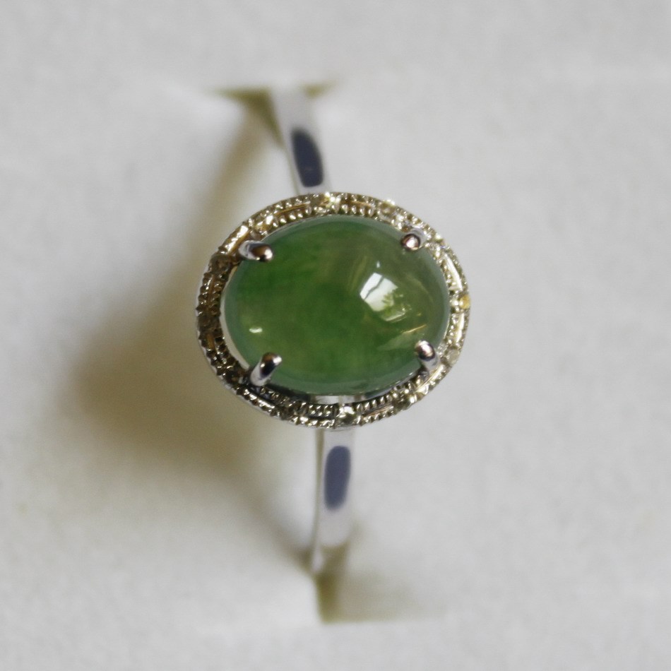 Size 6 Certified Natural (Grade A) Icy Green Jadeite JADE Diamond 18K Ring #R167