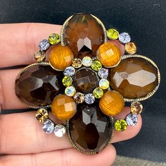 Vintage Rhinestone Brooch Brown Orange Gold Tone READ