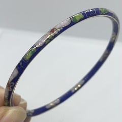 VTG CHINESE EXPORT CLOISONNE COBALT BLUE ENAMEL BANGLE BRACELET PINK FLOWERS