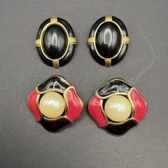 Lot of 4 Pairs Vintage Gold Tone Clip-On Earrings Faux Pearl Enamel Rhinestone
