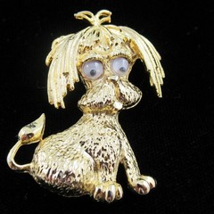Crazy Eyes Shaggy Dog Textured Gold Tone Figural Brooch Signed