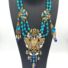 Czech Art Glass Necklace Gold Egyptian Motif Blue Drops Statement Jewelry
