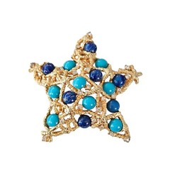MANDLE Blue Floss Glass, Turquoise Glass Stone Cab Star Brooch Signed, L195