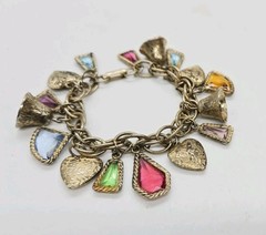 Puffy Hearts Charm Bracelet Toggle Bell Charms Multicolored Rhinestone 6.5 in