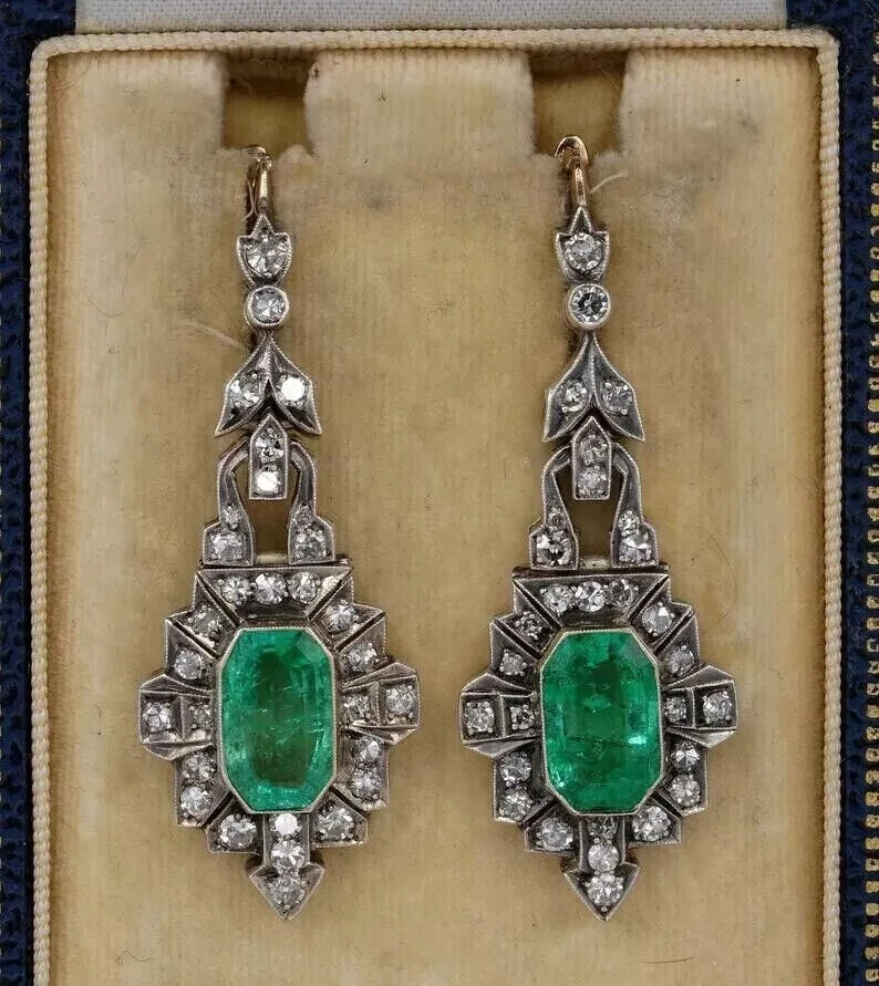 Art Deco Green Emerald & Lab Created Diamond Engagement 925 Silver Gift Earrings