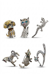 Vintage Animal Brooch Pin Lot – Rhinestone Cat Dog & Lizard – 6 Piece Collection