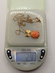 Krementz Carved Coral Rose Flower With Gold Tone Leaves Pendant On 17.75″ Chain.