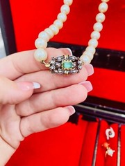 Antique 24″ Pearl Necklace, 18k Diamond Emerald Clasp, Spain Estate, 8 Diamonds