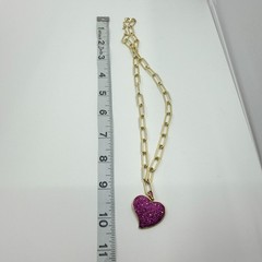 Gold Tone Red Pave Rhinestone Heart Pendant Paperclip Chain Necklace Statement