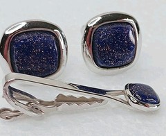 SHIELDS Cufflinks Tie Clasp Set Vintage Copper Sparkle Blue Glass Faux Lapis
