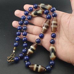 Vintage Tibetan Agate & Lapis Lazuli Necklace Zigzag Pattern Beads 22in
