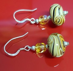 925 Lampwork Glass Bead Earrings 1.25in Sterling Silver 5gtw Brown Cream Swirl