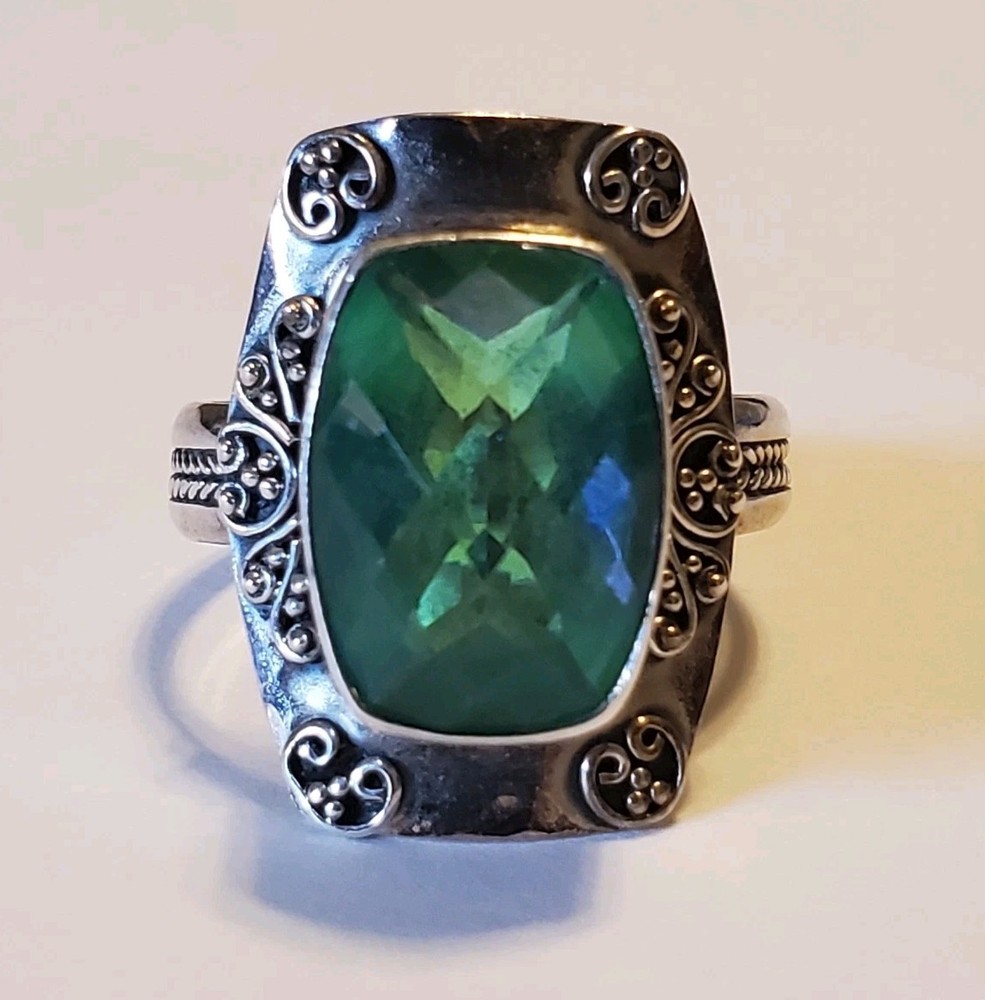 Vtg Sterling Silver & Caribbean Blue Green Quartz Ring Ornate Artisan Boho Sz 9