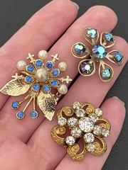 Vintage Lot Of 3 AB Aurora Borealis Rhinestone Gold Tone Pin Brooch Small Flower