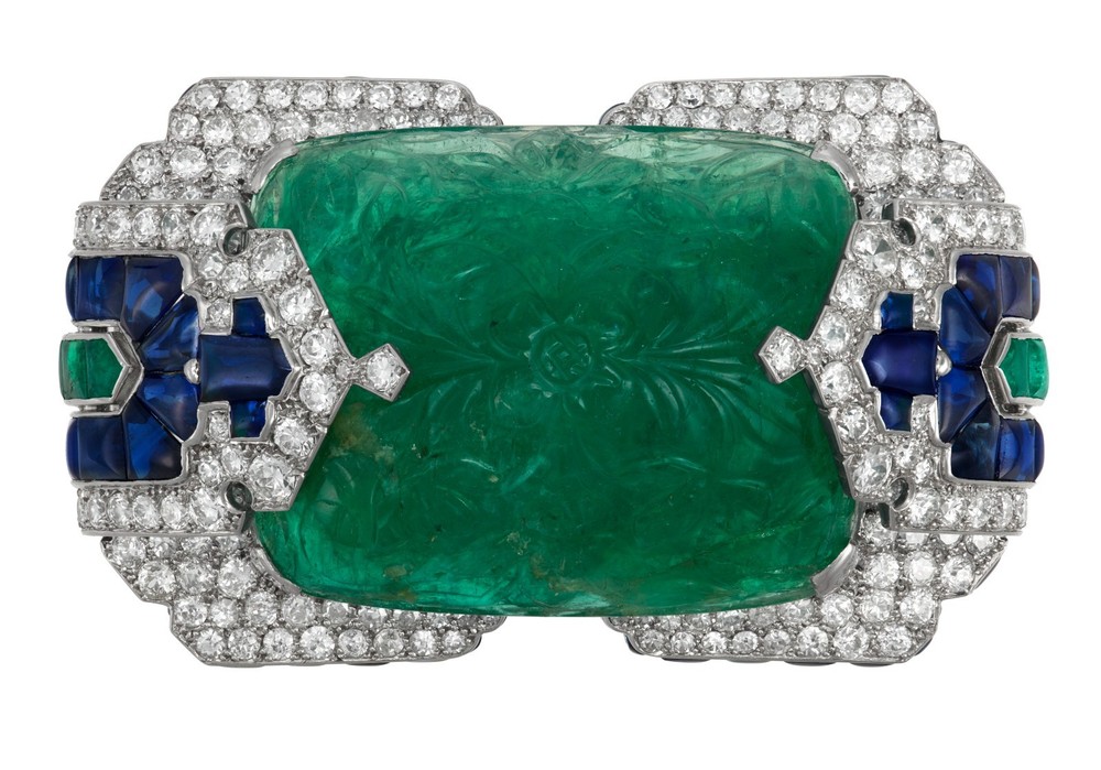 Carved Syn Emerald Sapphire Brooch 925 Sterling Silver Handmade Auction Jewelry