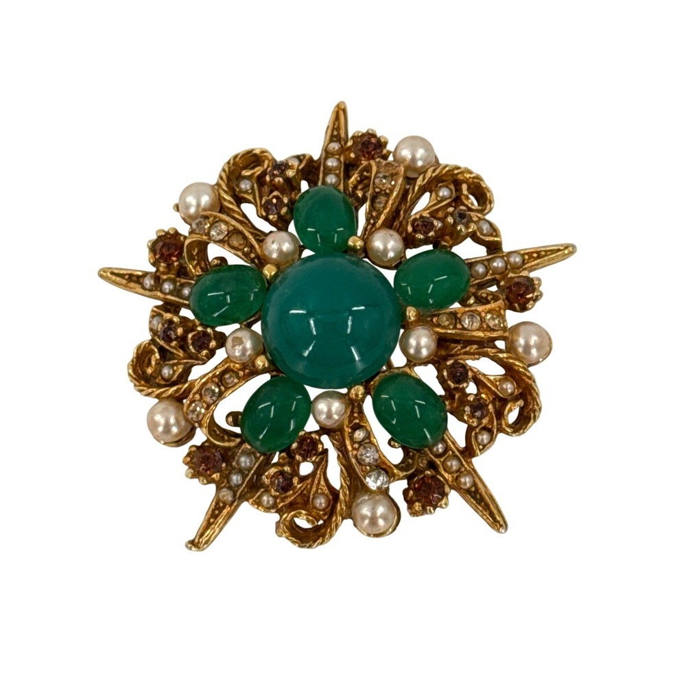 Vintage ART ARTHUR PEPPER Gold Tone Green Rhinestone Faux Pearl Brooch Sunburst