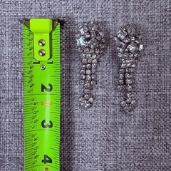 Vintage Silver Tone Clear Rhinestone Dangle Drop Clip On Statement Earrings