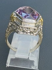 Antique Art Deco Large Hexagon Amethyst Cocktail Ring 14k White Gold Yellow