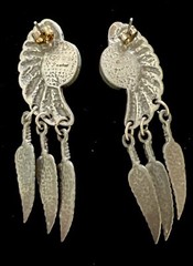 VTG Pewter, Signed Ege Conch W/dangling Feathers Turquoise Inset Stud Earrings