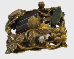 Vintage Assemblage Style Gemstone Bold Brooch Tigers Eye Pearl Banded Agate