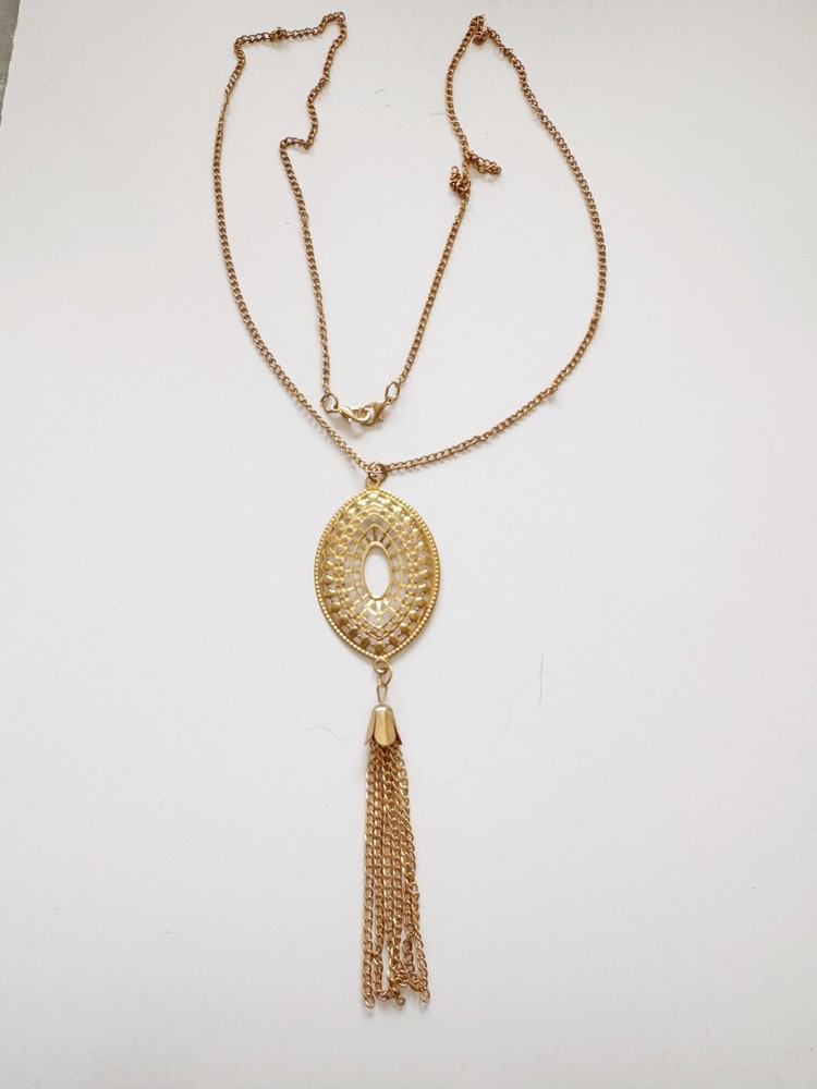 Vintage Gold Tone Filigree Tassel Pendant Necklace 34” Long Boho Statement