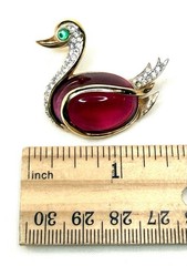 Vintage Crown Trifari Red Jelly Belly Swan Rhinestone Brooch Pin Mid Century