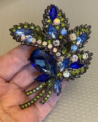 Vintage Blue AB Rhinestone Brooch Oversized Corsage Bouquet Black Metal unsigned