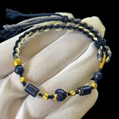 Natural Lapis Gemstone Beaded Bracelet, Handmade Braided Rope, Length adjustable